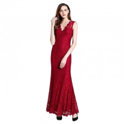 Vestido largo rojo de encaje 3015